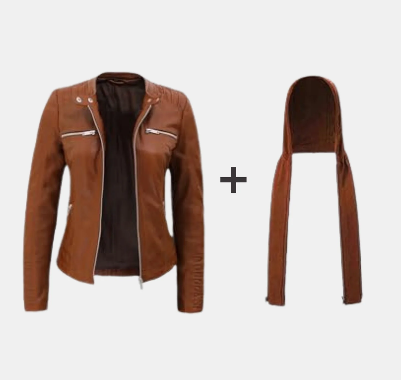 Cognac Blaze Slim Fit Leather Jacket with Detachable Hood - Image 3