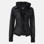 Trinity Black Bomber Leather Jacket with Hood