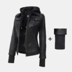 Trinity Black Bomber Leather Jacket with Hood – view 4