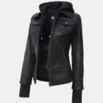 Trinity Black Bomber Leather Jacket with Hood – view 3
