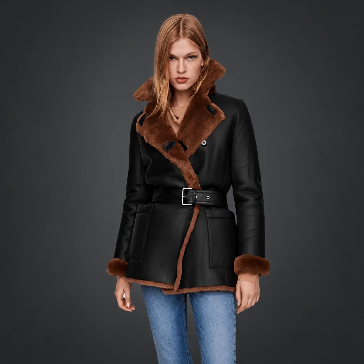 Glacier Winter Shearling Black Leather Coat